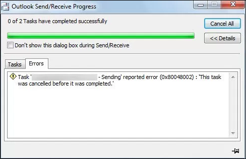 Sending Reported Outlook Error 0x80048002