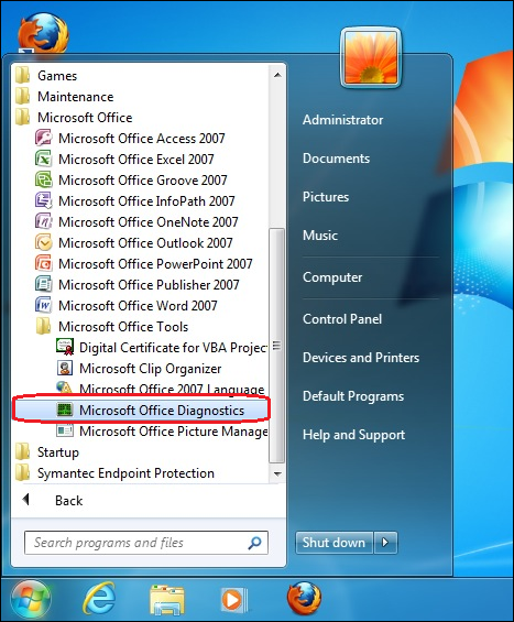 Select Microsoft Office Diagnostics Option
