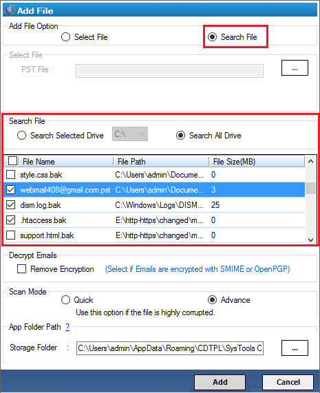 PST files will be displayed